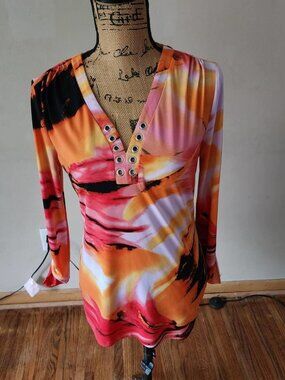 Chelsea & Theodore Abstract Grommet V-Neck Tunic Size Small Retro 70s Boho
